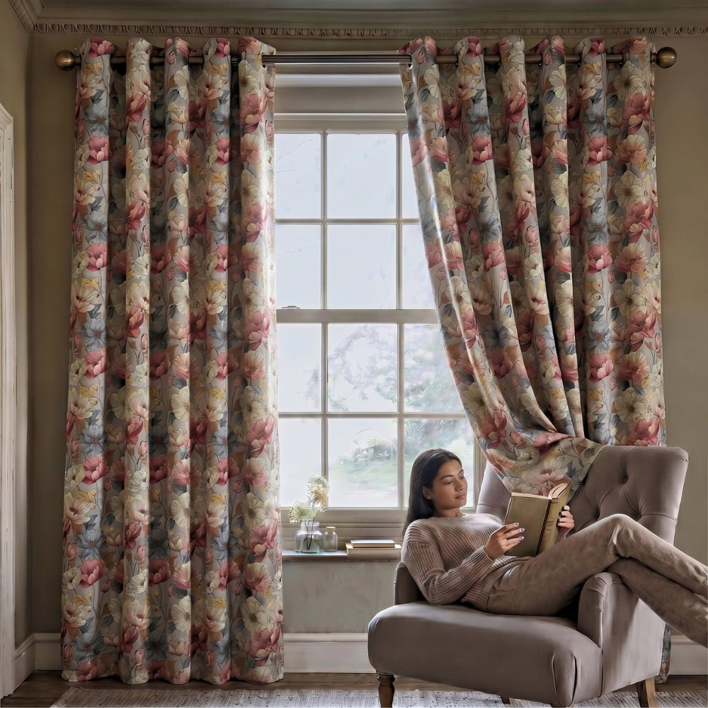 Floral Canvas Blackout Printed Curtain Pack Of 2, Multicolor - Cotton Printed Curtains | haus & kinder