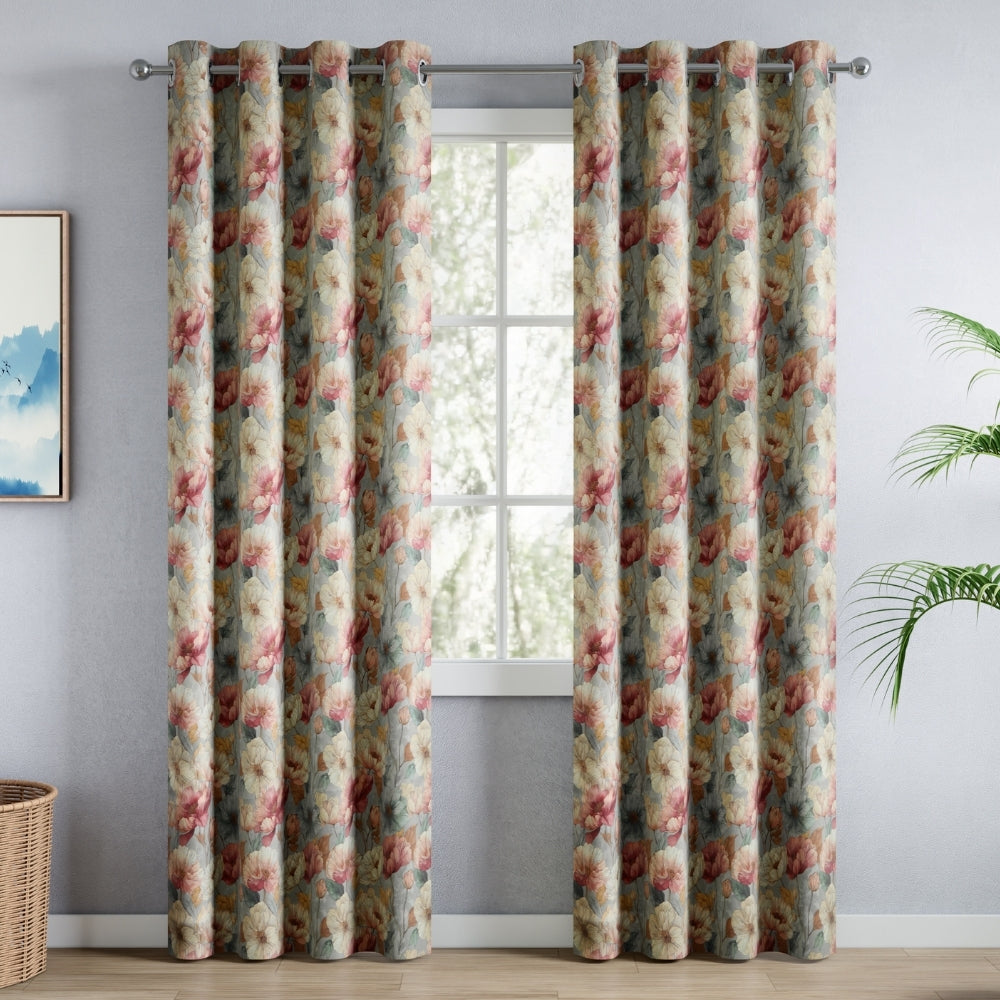 Floral Canvas Blackout Printed Curtain Pack Of 2, Multicolor
