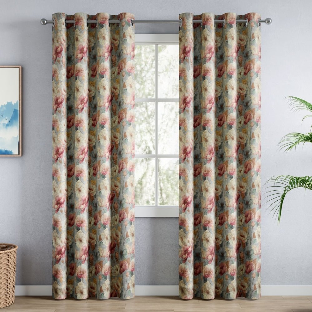 Floral Canvas Blackout Printed Curtain Pack Of 2, Multicolor - Cotton Printed Curtains | haus & kinder