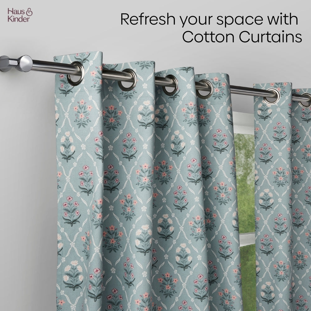 Cotton Printed Curtain Blue Spruce Trellis, Teal