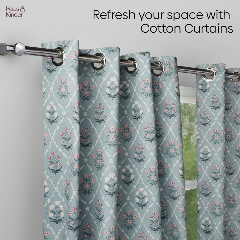 Cotton Printed Curtain Blue Spruce Trellis, Teal - Cotton Printed Curtains | haus & kinder