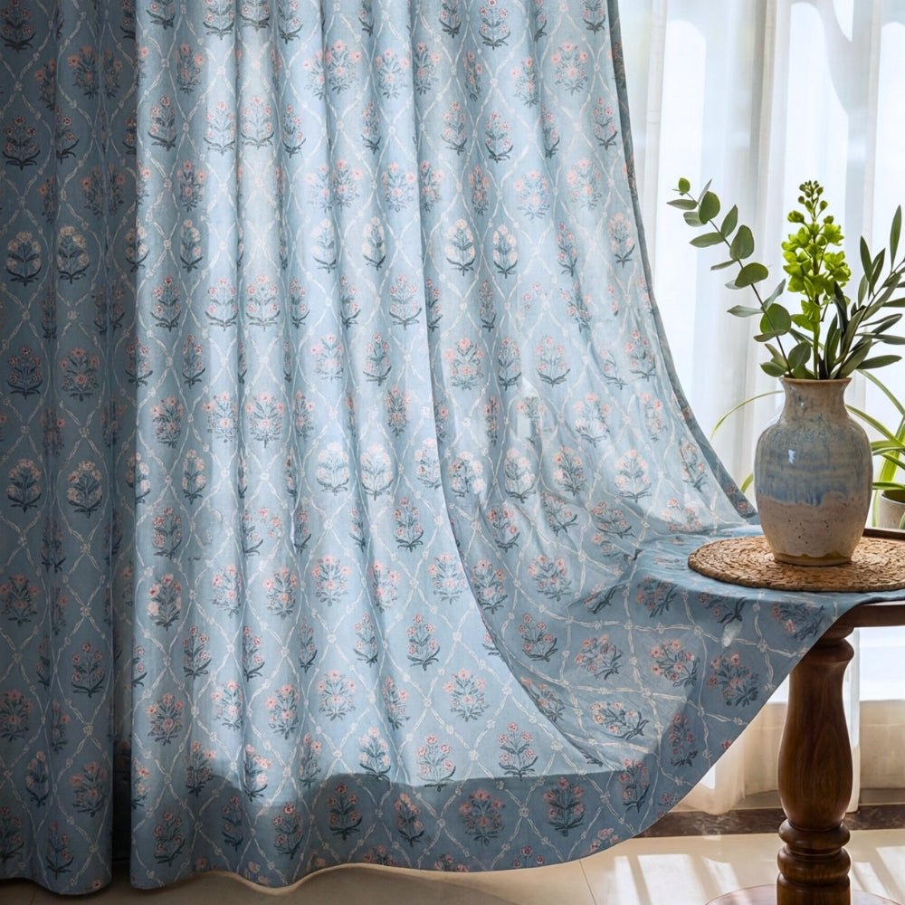 Cotton Printed Curtain Blue Spruce Trellis, Teal - Cotton Printed Curtains | haus & kinder