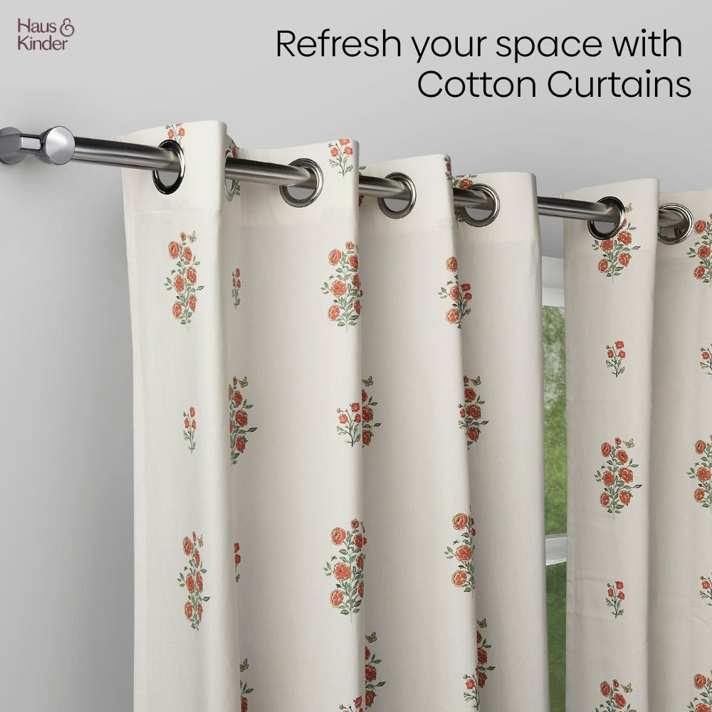 Cotton Printed Curtain Rosy Spray, Orange - Cotton Printed Curtains | haus & kinder