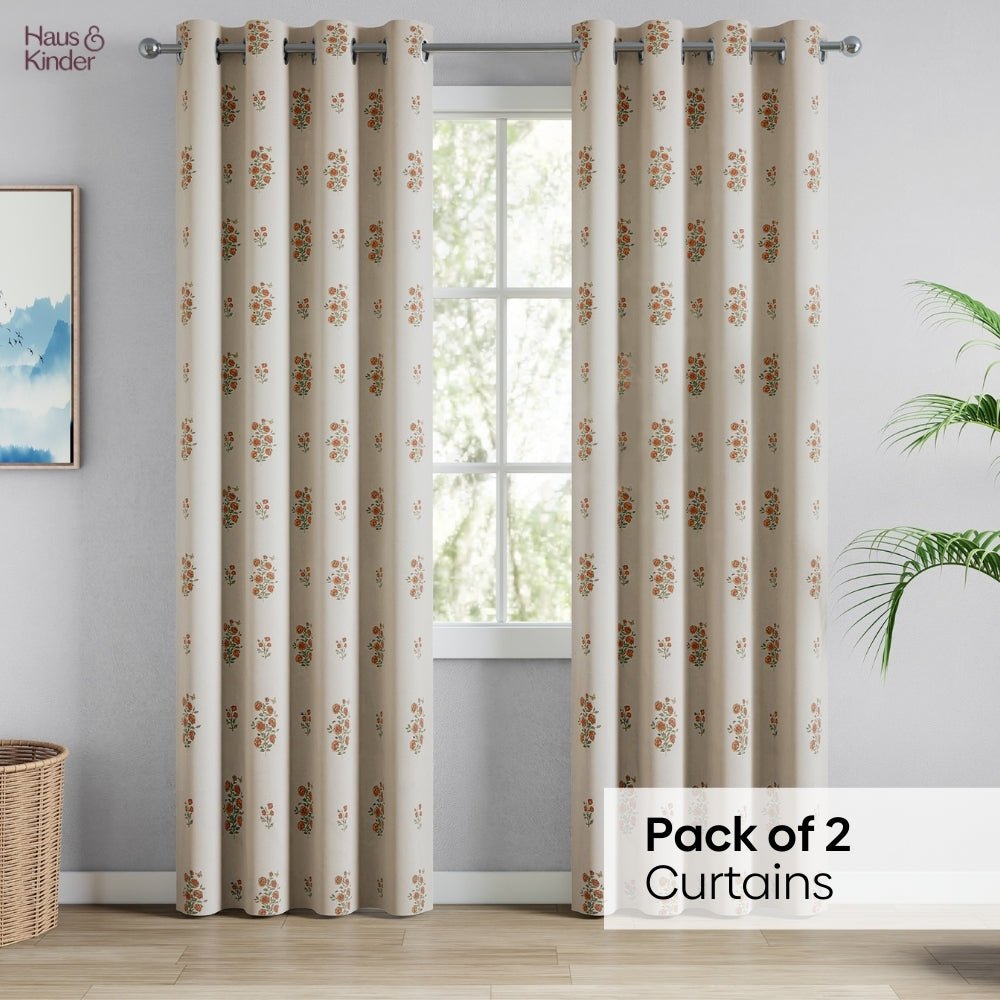 Cotton Printed Curtain Rosy Spray, Orange - Cotton Printed Curtains | haus & kinder