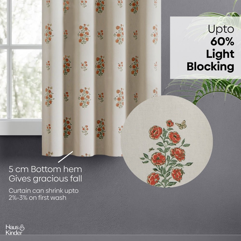 Cotton Printed Curtain Rosy Spray, Orange - Cotton Printed Curtains | haus & kinder