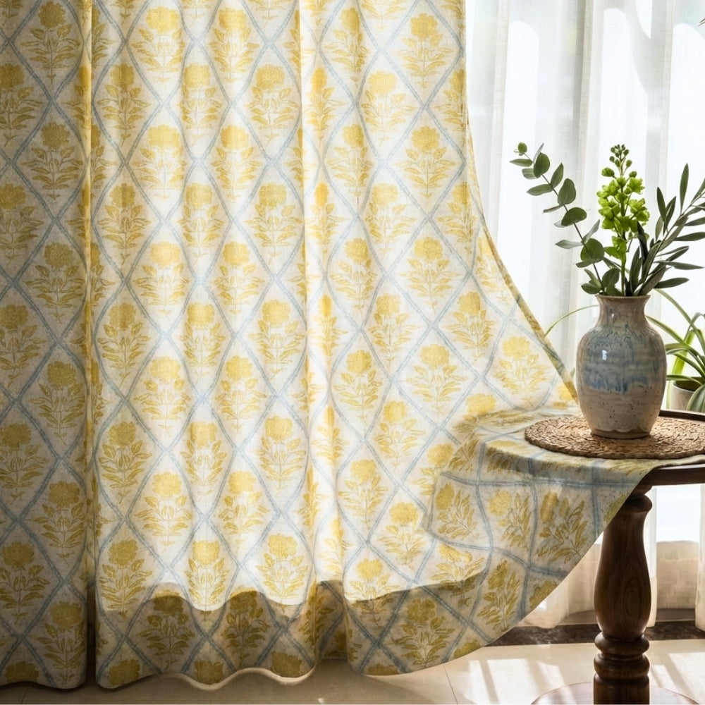 Cotton Printed Pack Of 2 Curtain Sorbet, Yellow