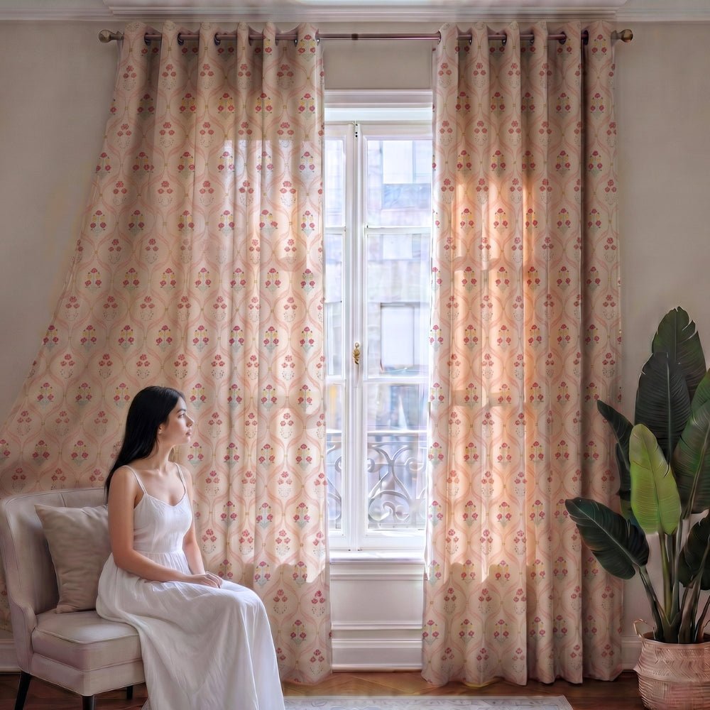 Cotton Printed Pack Of 2 Curtain Lattice, Pink - Cotton Printed Curtains | haus & kinder