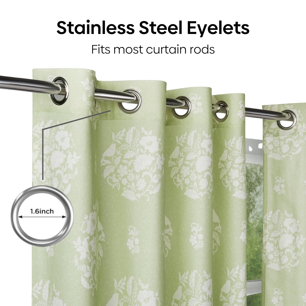 Cotton Printed Pack Of 2 Curtain Whispering Songbird, Sage Green