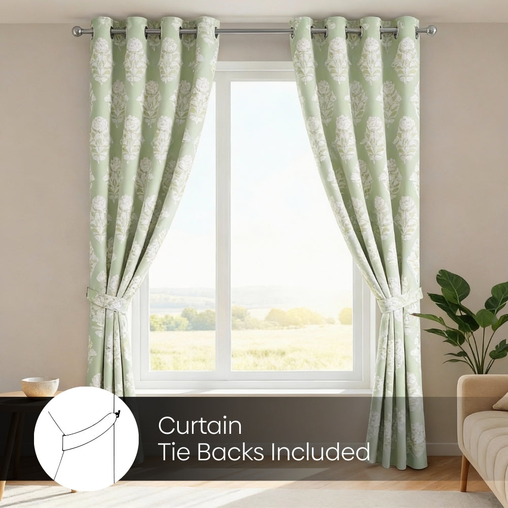 Cotton Printed Pack Of 2 Curtain Whispering Songbird, Sage Green