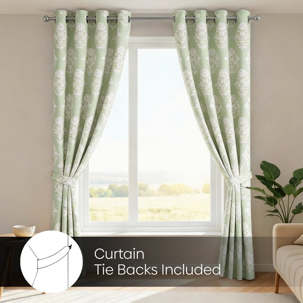Cotton Printed Pack Of 2 Curtain Whispering Songbird, Sage Green - Cotton Printed Curtains | haus & kinder