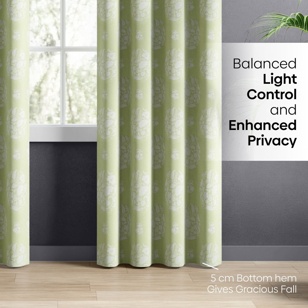 Cotton Printed Pack Of 2 Curtain Whispering Songbird, Sage Green