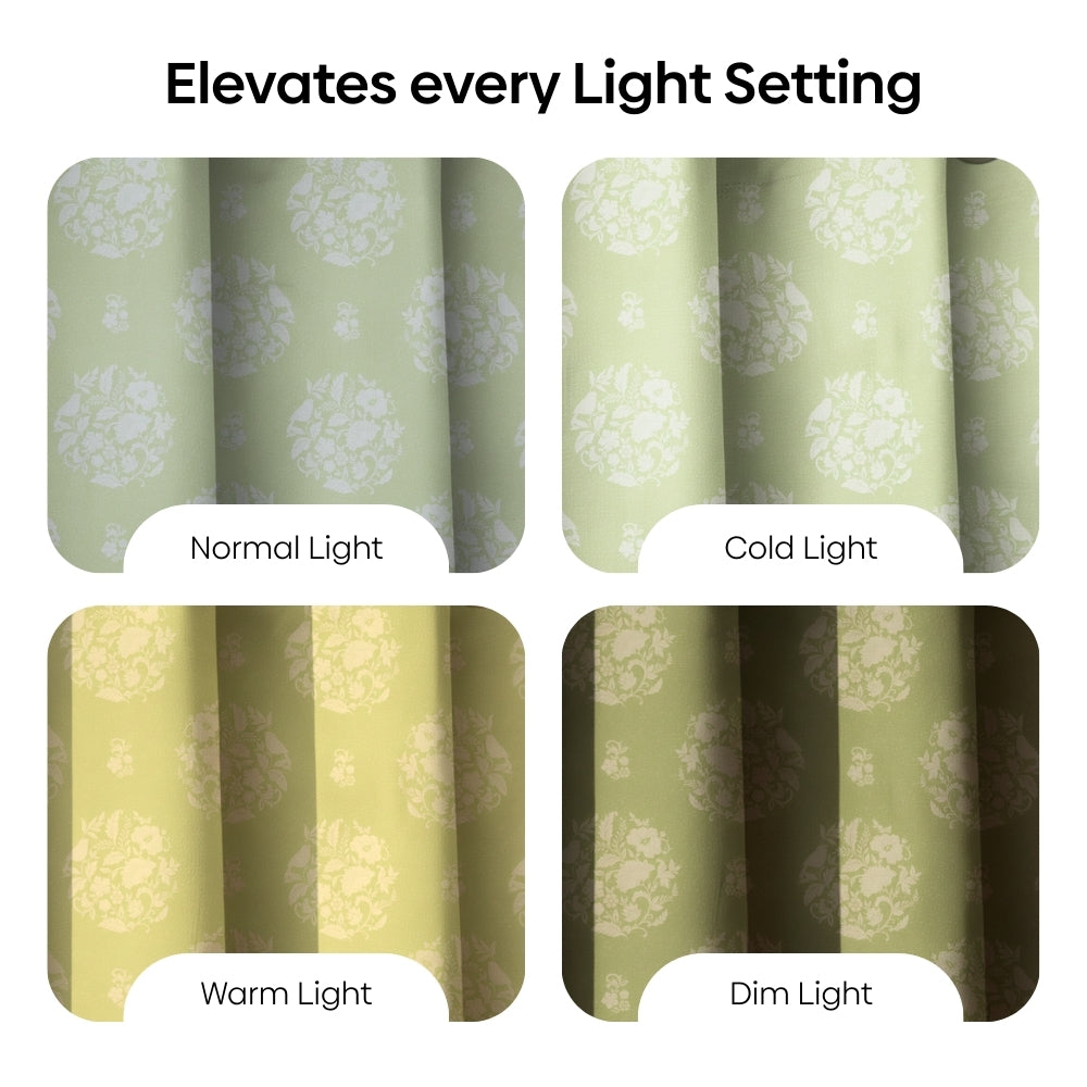 Cotton Printed Pack Of 2 Curtain Whispering Songbird, Sage Green