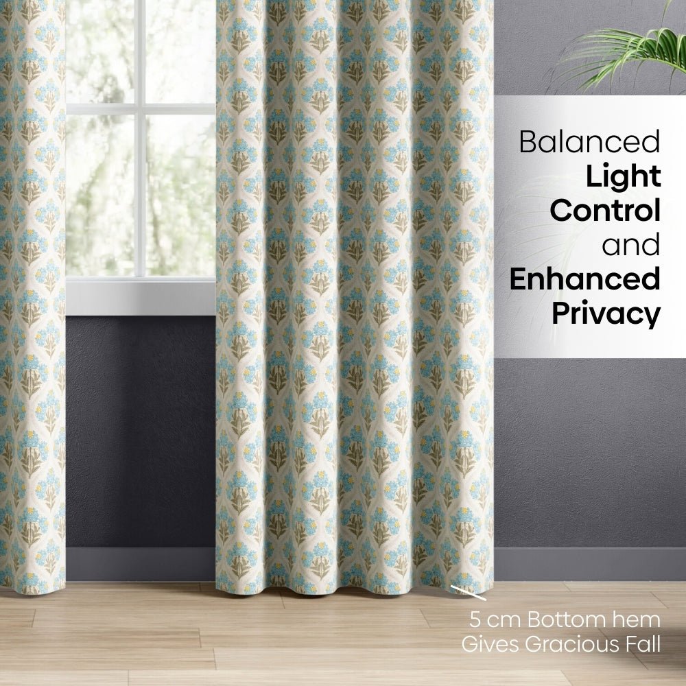 Cotton Printed Pack Of 2 Curtain Floral Poise, Blue - Cotton Printed Curtains | haus & kinder