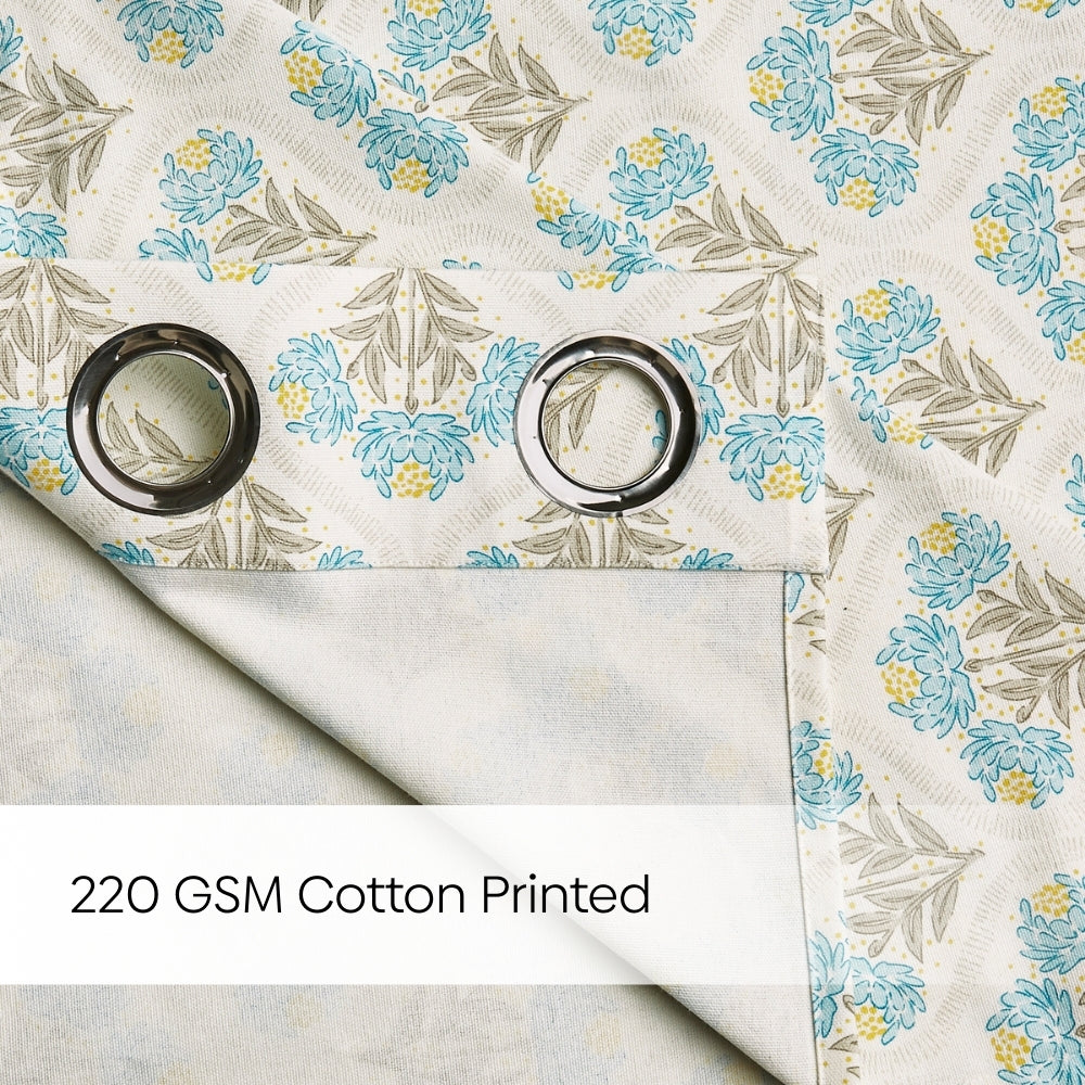 Cotton Printed Pack Of 2 Curtain Floral Poise, Blue