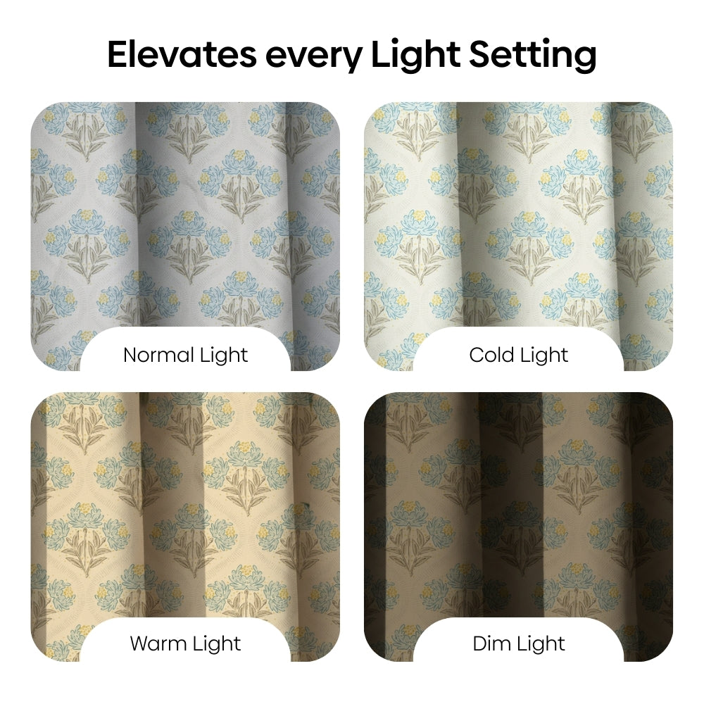 Cotton Printed Pack Of 2 Curtain Floral Poise, Blue