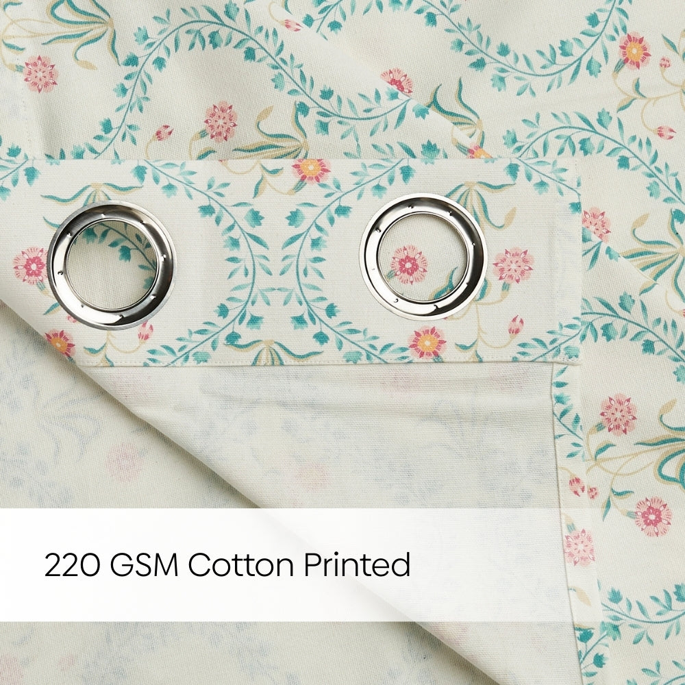 Cotton Printed Pack Of 2 Curtain Pink Blossom, Teal