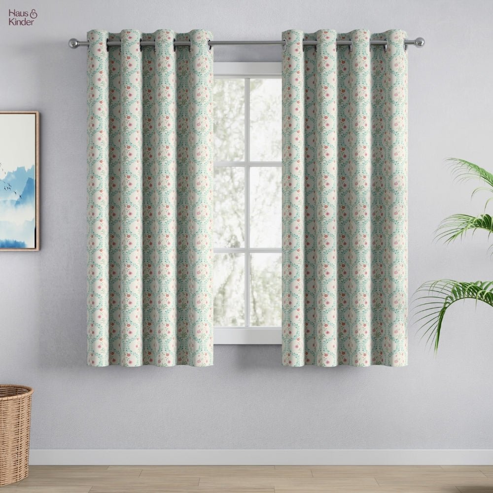 Cotton Printed Pack Of 2 Curtain Pink Blossom, Teal - Cotton Printed Curtains | haus & kinder