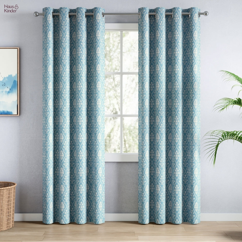 Cotton Printed Pack Of 2 Curtain Heritage Hues, Pale Teal