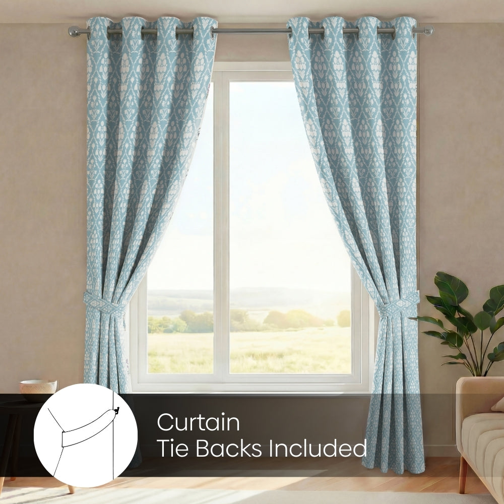 Cotton Printed Pack Of 2 Curtain Heritage Hues, Pale Teal