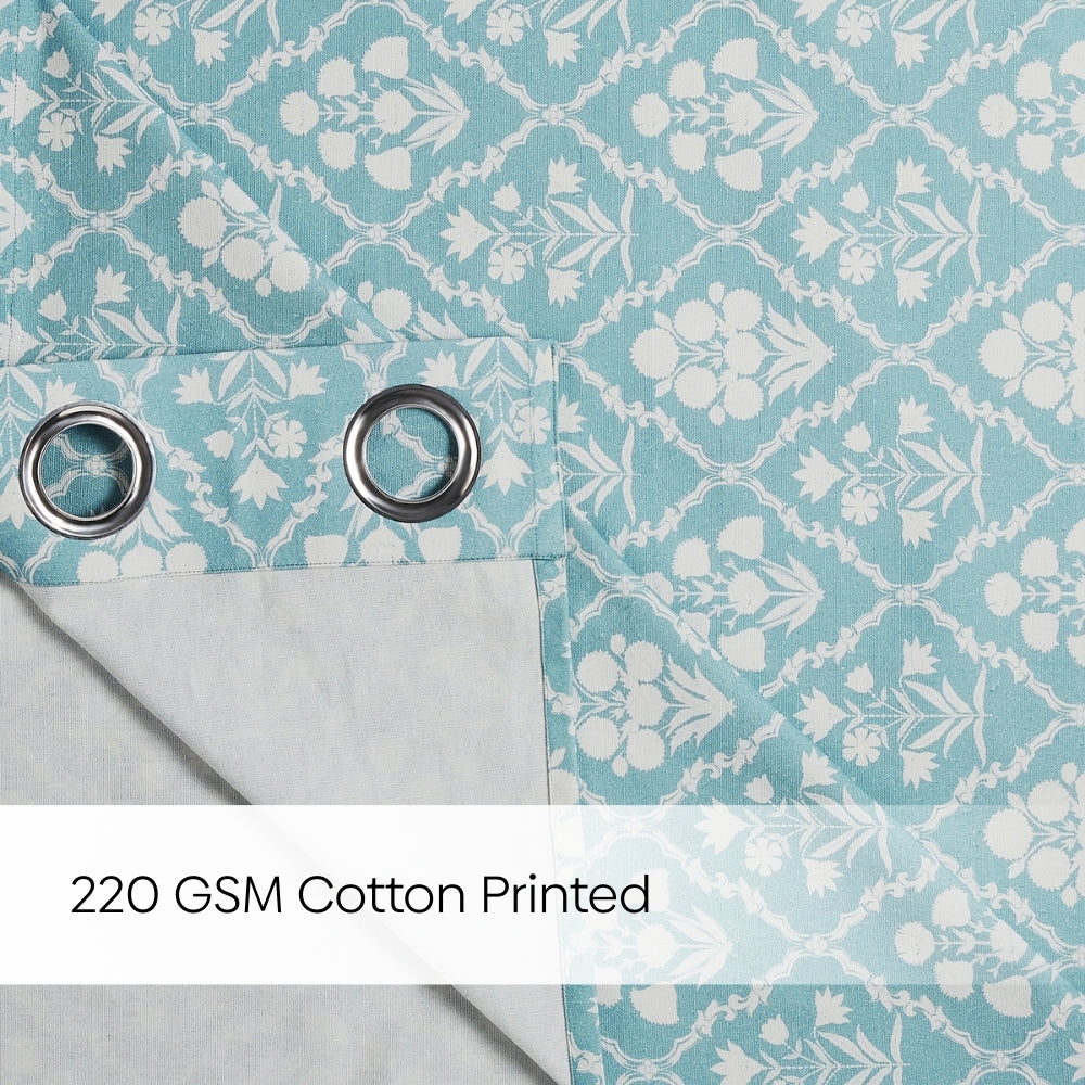 Cotton Printed Pack Of 2 Curtain Heritage Hues, Pale Teal