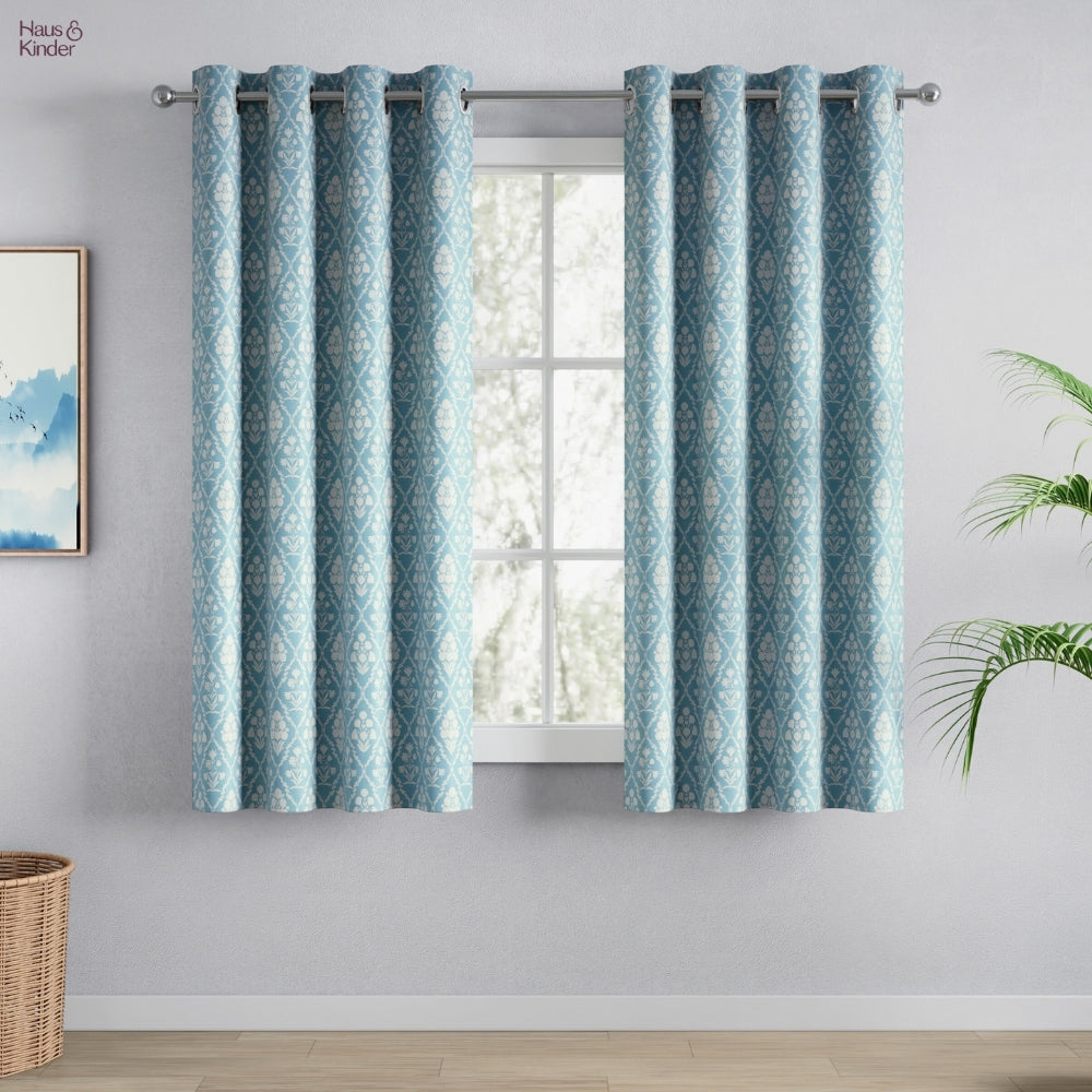 Cotton Printed Pack Of 2 Curtain Heritage Hues, Pale Teal