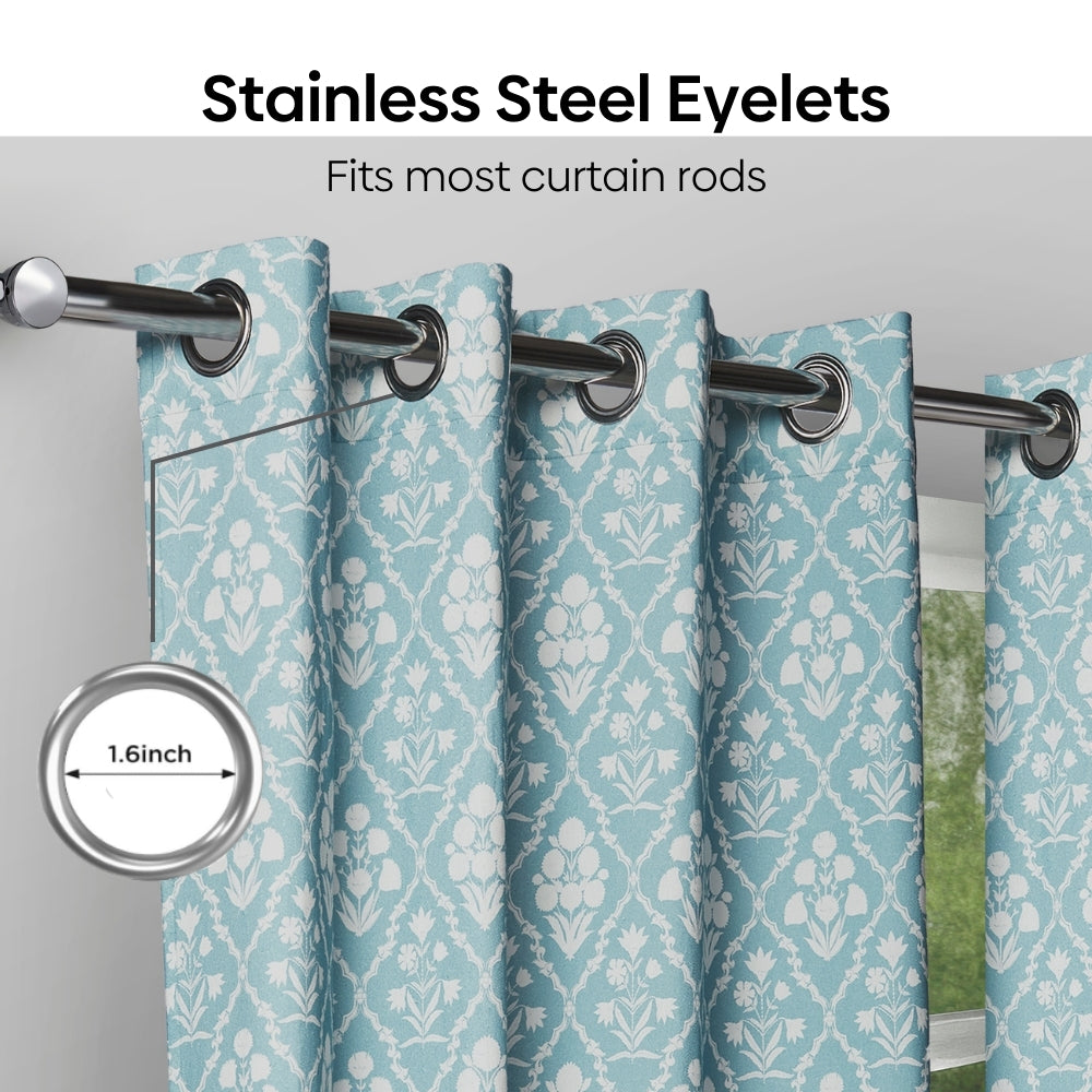 Cotton Printed Pack Of 2 Curtain Heritage Hues, Pale Teal