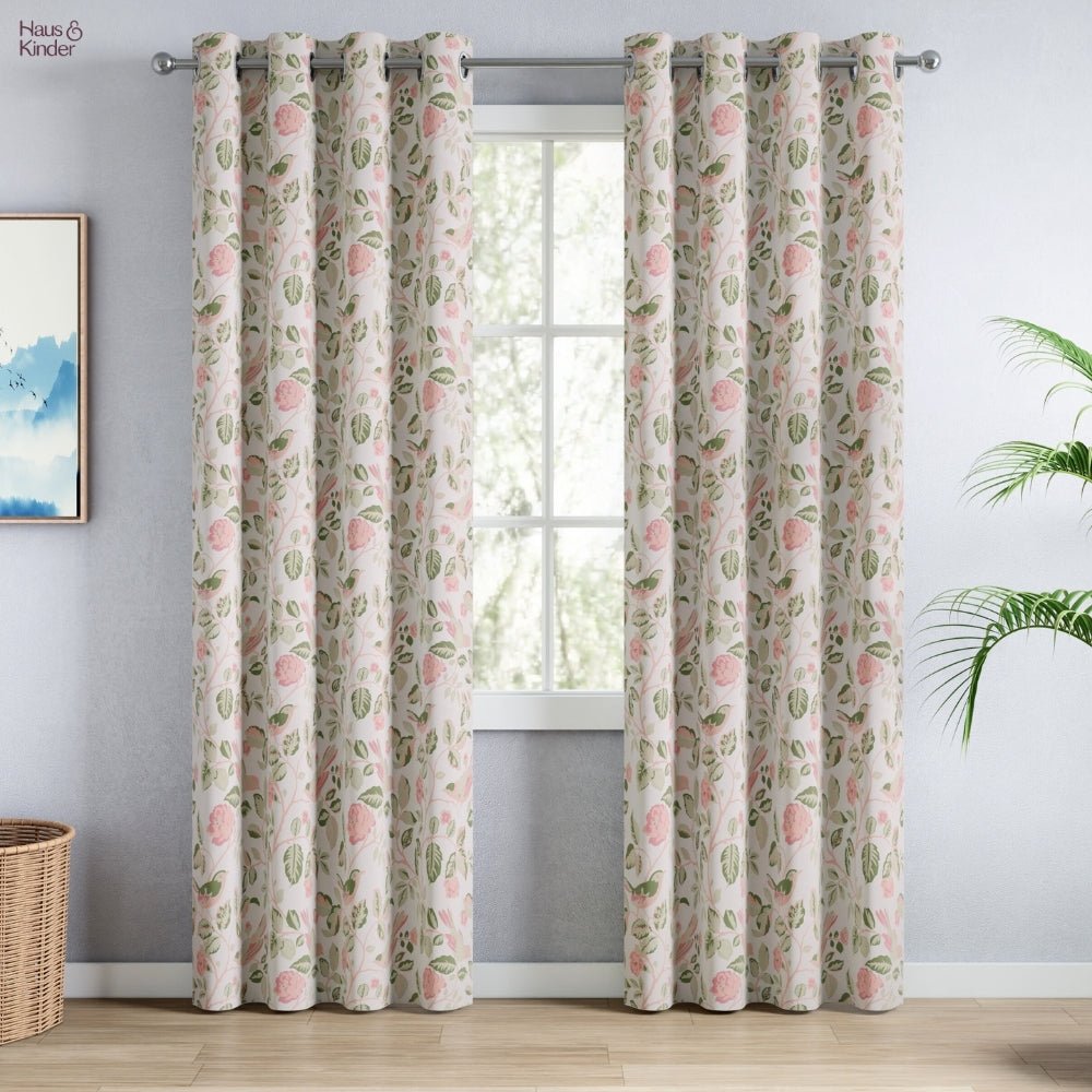 Cotton Printed Pack Of 2 Curtain Curtain Pastel Aviary, Green - Cotton Printed Curtains | haus & kinder