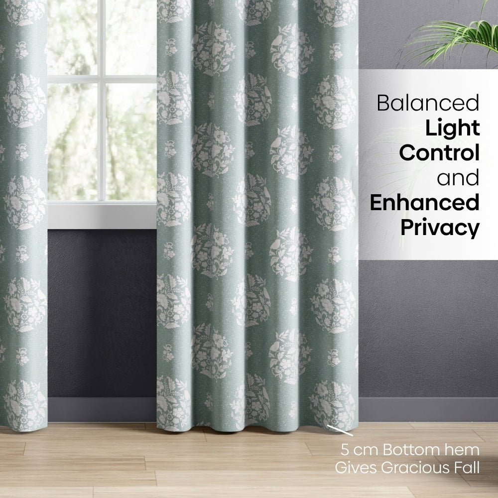 Cotton Printed Pack Of 2 Curtain Whispering Songbird Teal