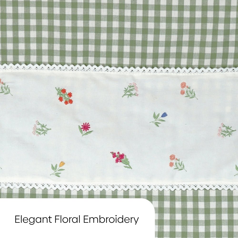 Petal Plaids Decorative Embroidered Cotton Door Curtain, Sage Green - Decorative Sheer | haus & kinder