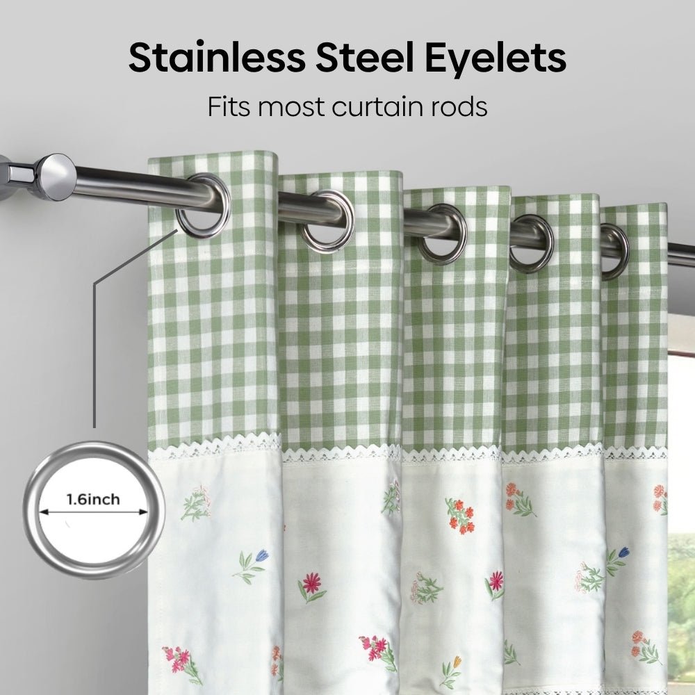 Petal Plaids Decorative Embroidered Cotton Door Curtain, Sage Green - Decorative Sheer | haus & kinder
