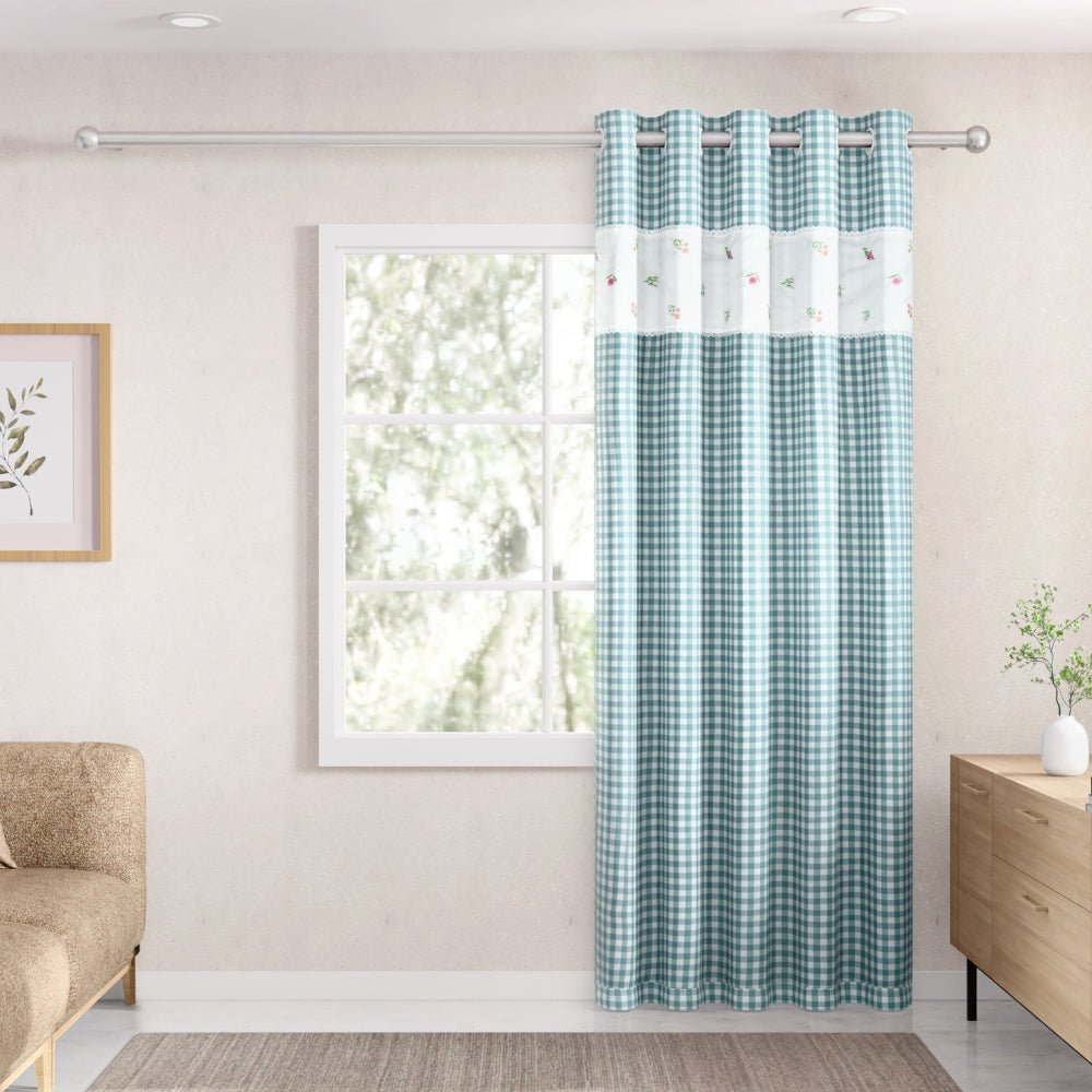 Petal Plaids Decorative Embroidered Cotton Door Curtain, Sea Blue - Decorative Sheer | haus & kinder