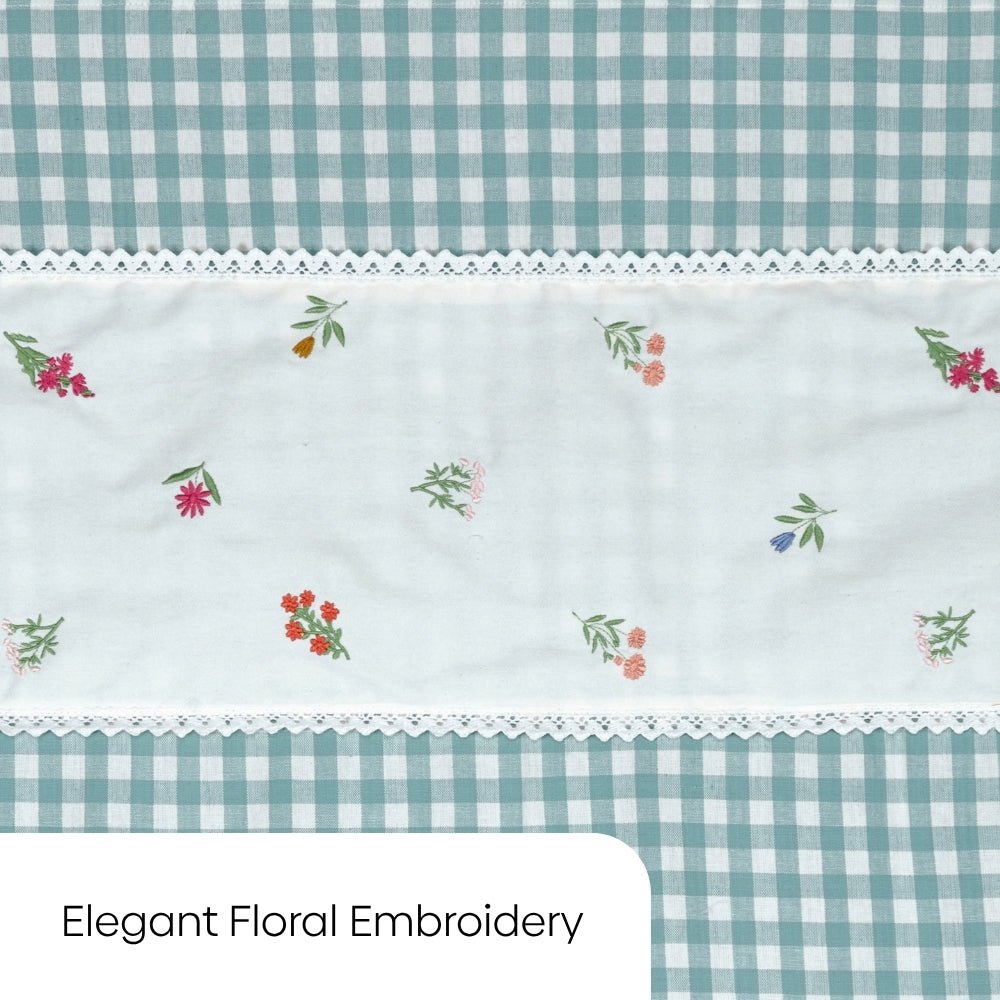 Petal Plaids Decorative Embroidered Cotton Door Curtain, Sea Blue - Decorative Sheer | haus & kinder