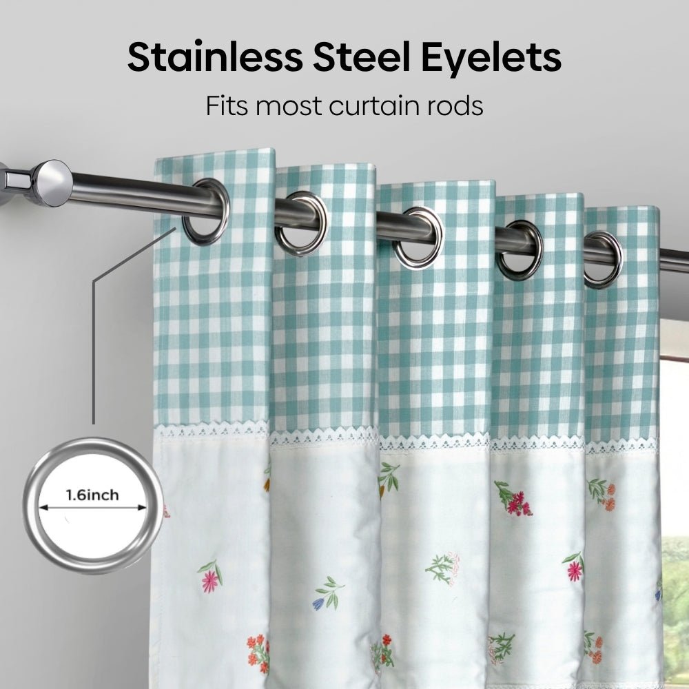 Petal Plaids Decorative Embroidered Cotton Door Curtain, Sea Blue - Decorative Sheer | haus & kinder