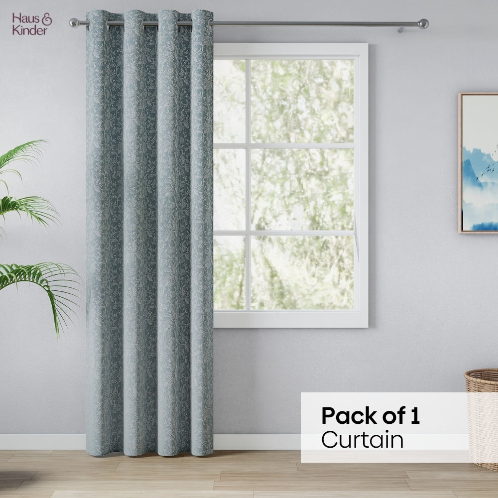 Poly Cotton Jacquard Curtains Twilight Bloom, Firozi
