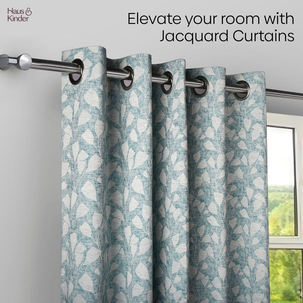 Poly Cotton Jacquard  Door Curtain Slate Leaf, Ice Blue