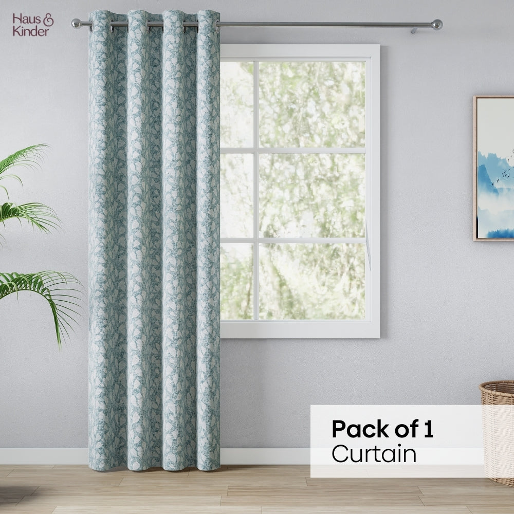 Poly Cotton Jacquard Curtain Slate Leaf, Ice Blue