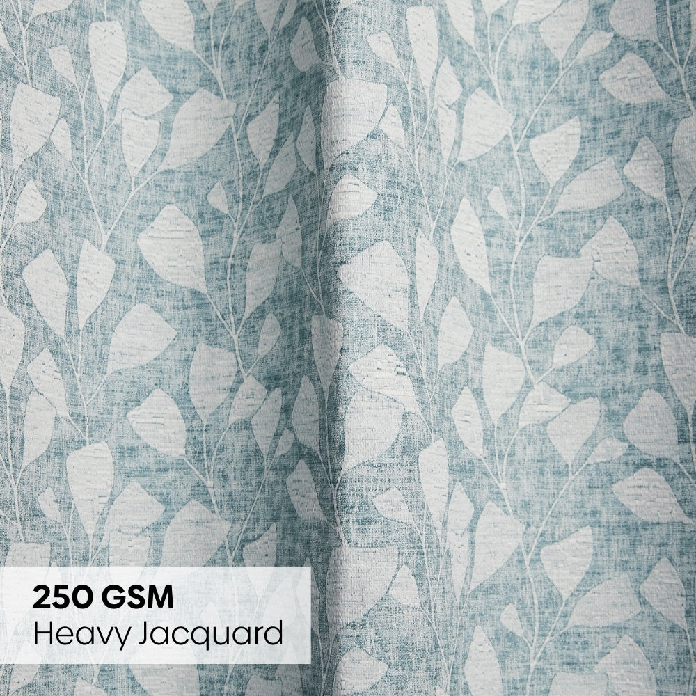 Poly Cotton Jacquard Curtain Slate Leaf, Ice Blue