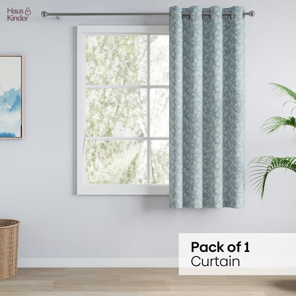 Poly Cotton Jacquard Curtain Slate Leaf, Ice Blue