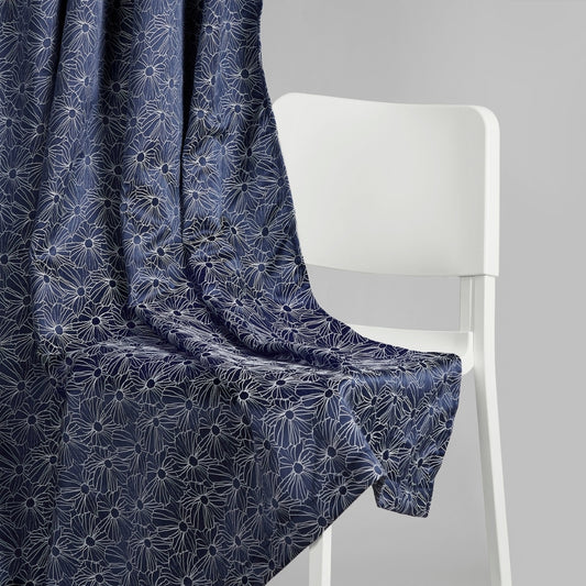 Polyester Jacquard Window Curtains Midnight Daisy, Indigo Blue