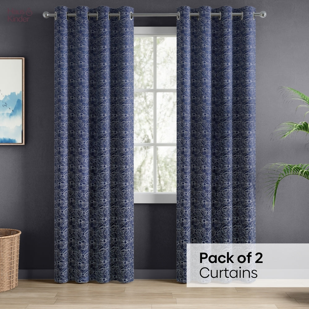 Polyester Jacquard Window Curtains Midnight Daisy, Indigo Blue