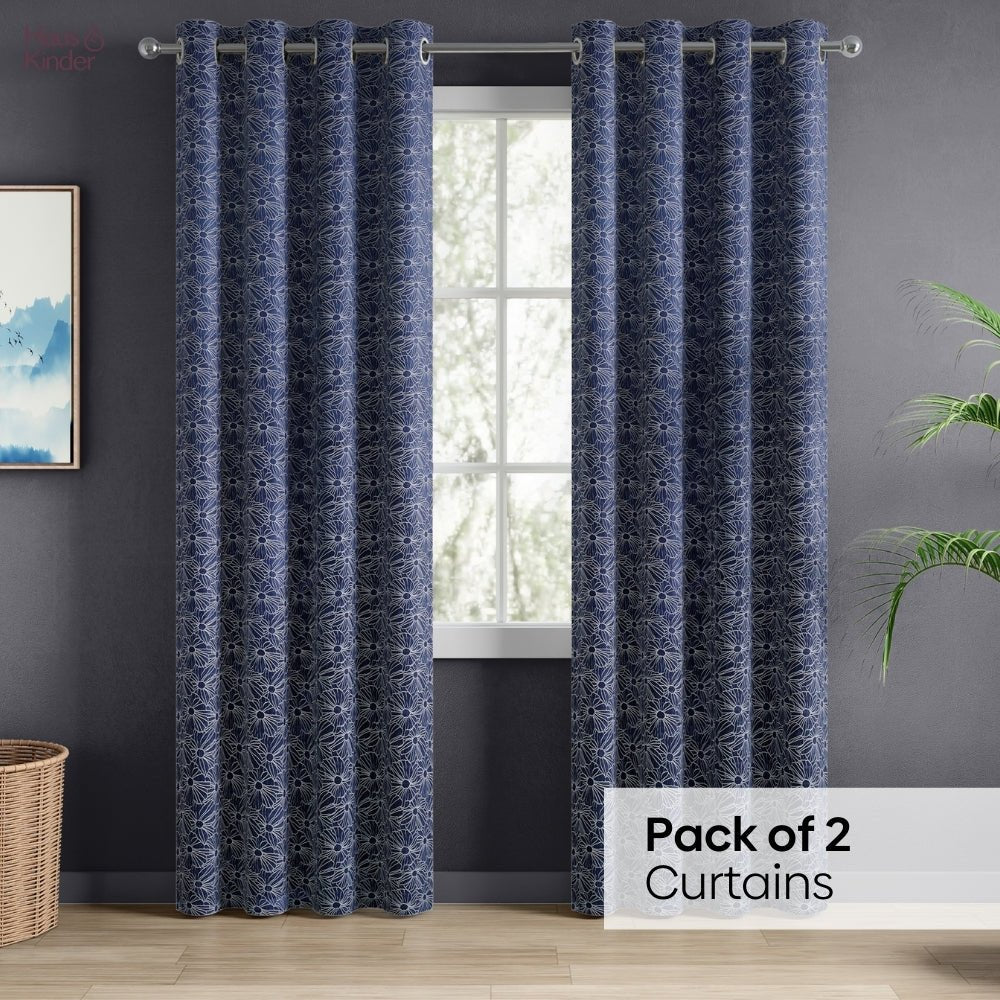 Polyester Jacquard Window Curtains Midnight Daisy, Indigo Blue - Jacquard Curtains | haus & kinder