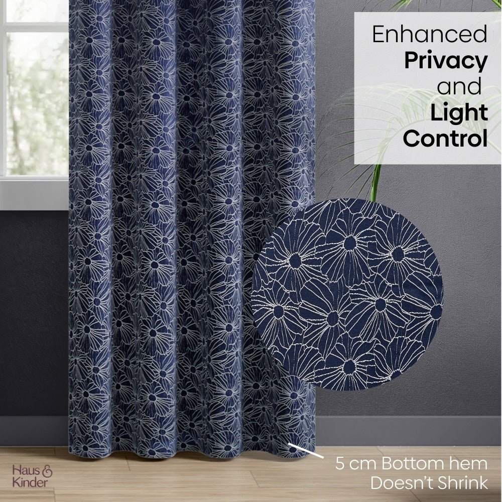 Polyester Jacquard Window Curtains Midnight Daisy, Indigo Blue - Jacquard Curtains | haus & kinder
