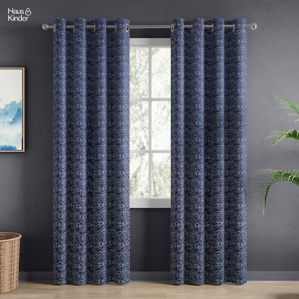 Polyester Jacquard Window Curtains Midnight Daisy, Indigo Blue