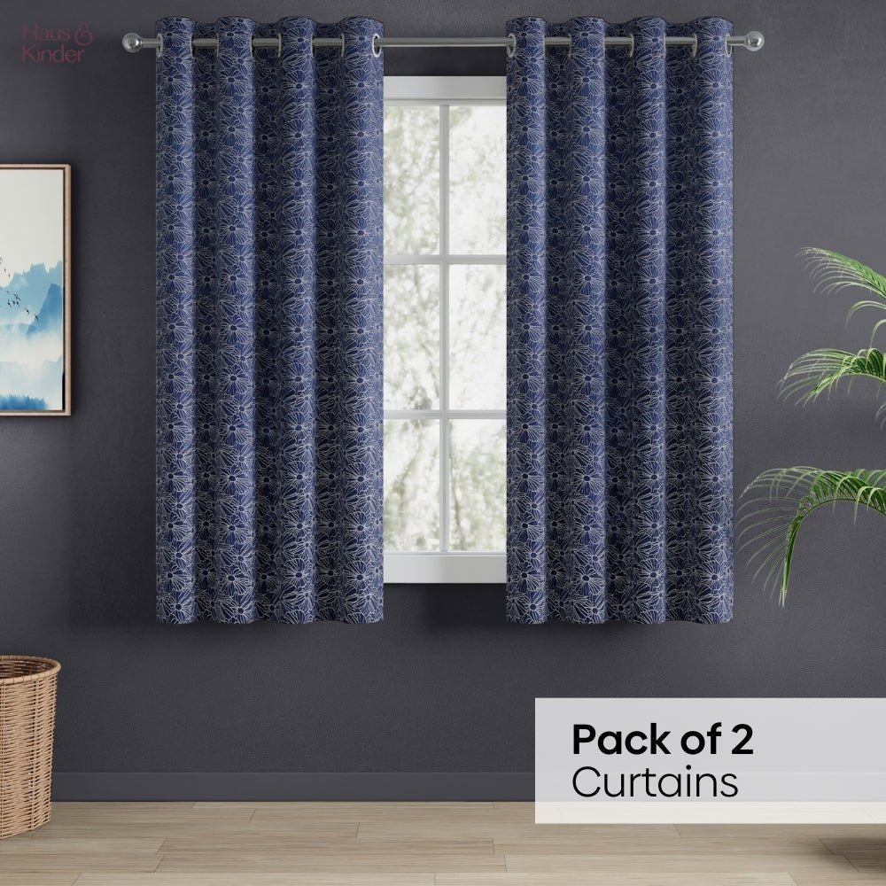 Polyester Jacquard Window Curtains Midnight Daisy, Indigo Blue - Jacquard Curtains | haus & kinder