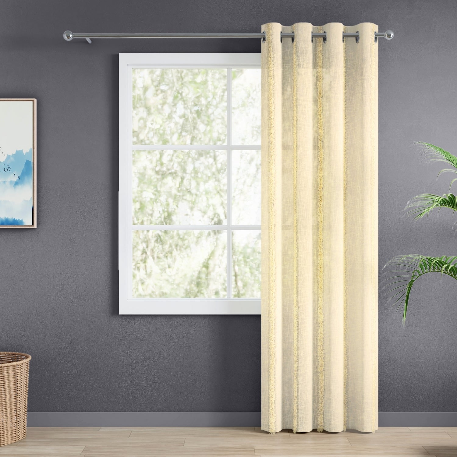 Feather Fringe Sheer Printed Pack Of 1 Curtain, Butter Yellow