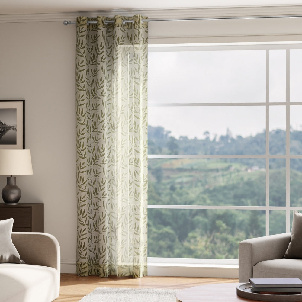 Botanical Whisper Embroidered Sheer Door Curtain - Olive