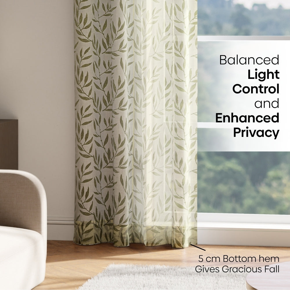 Botanical Whisper Embroidered Sheer Door Curtain - Olive