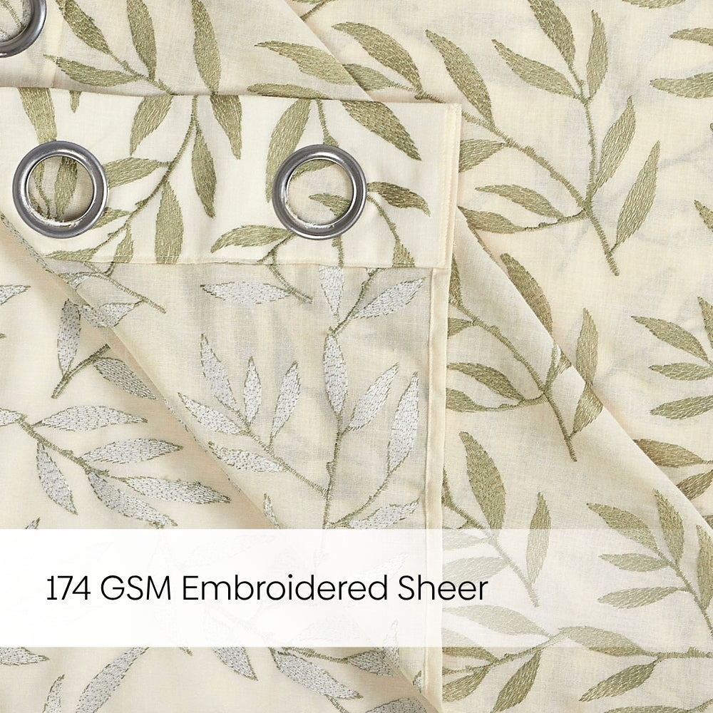 Botanical Whisper Embroidered Sheer Door Curtain - Olive