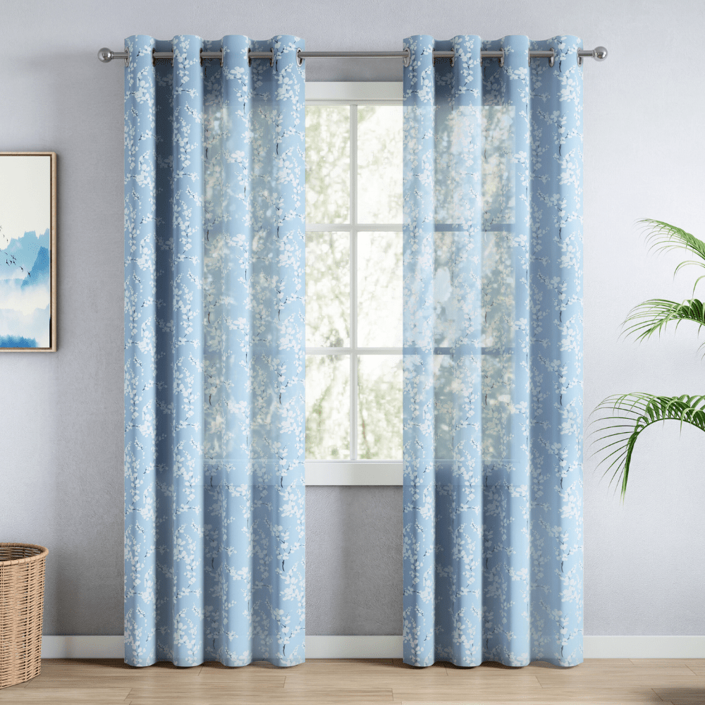 100% Polyester Sheer Digital Printed Door Curtain Nordic Bloom, Blue - Sheer Curtains | haus & kinder