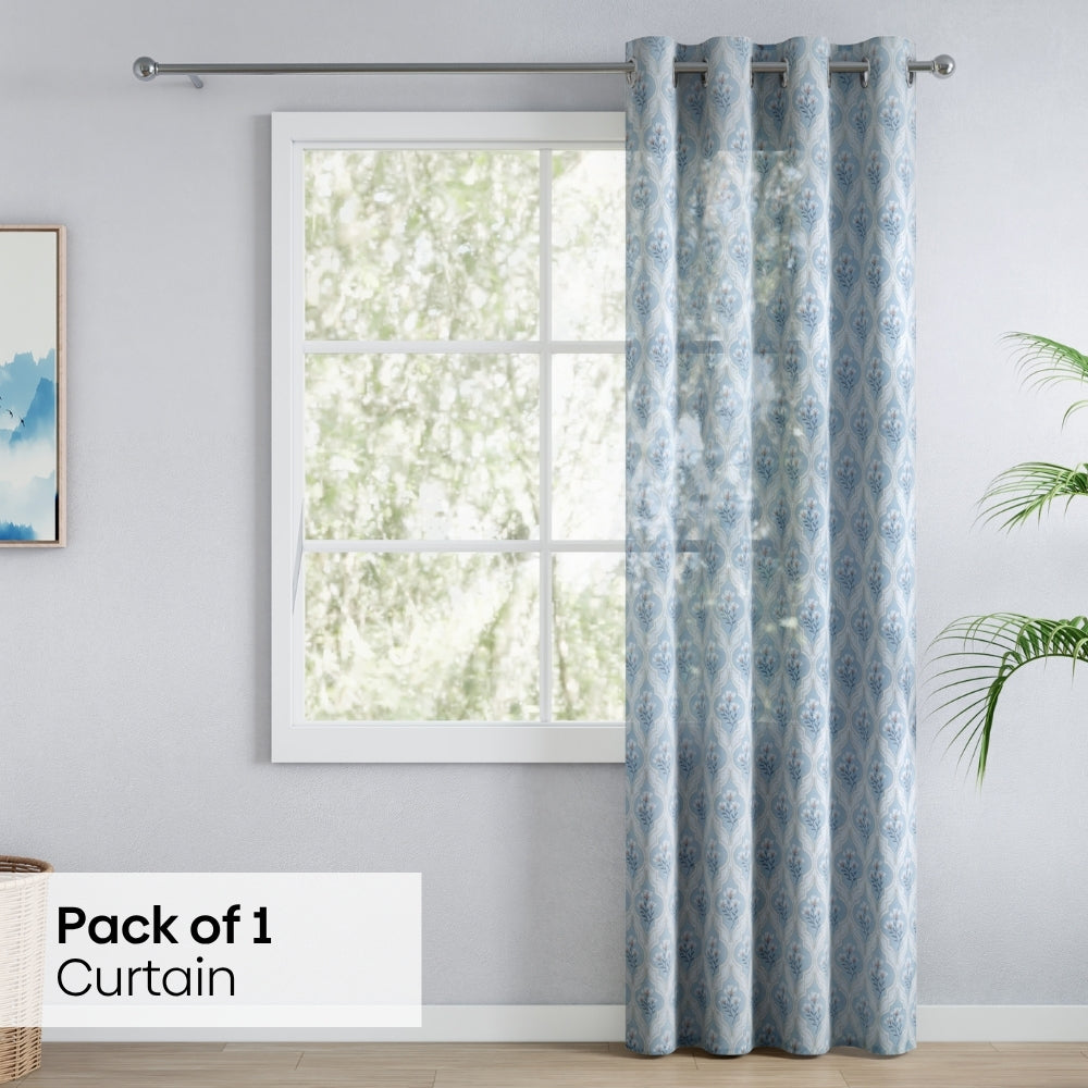Bloom Lattice Cotton Printed Pack Of 2 Curtain, Blue